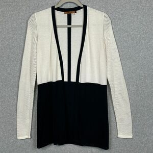 Belldini Open Cardigan Sweater Medium Black White Geometric Knit Crochet Sleeves